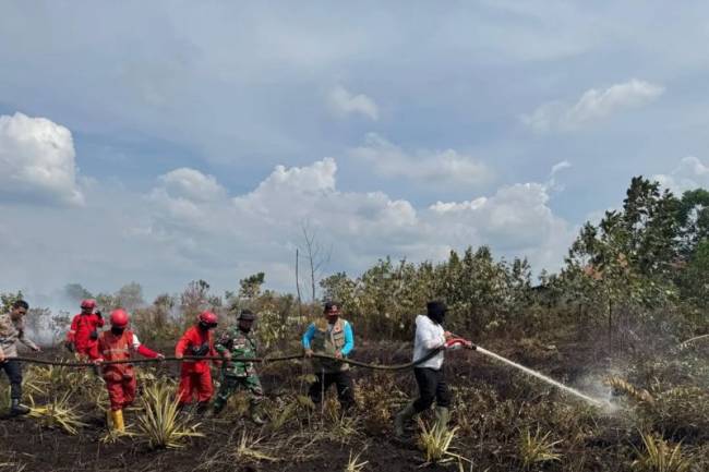 Bupati Kubu Raya Sujiwo bersama sejumlah pihak berjibaku memadamkan api di lahan yang terbakar di sekitar kawasan bandara. (Foto: ANTARA/HO-Prokopim Kubu Raya)
