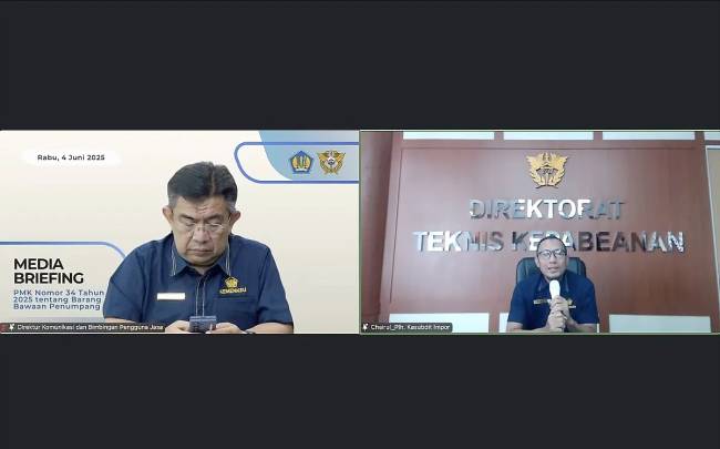 Tangkapan layar - Media Briefing terkait PMK 34 Tahun 2025 tentang Ketentuan Ekspor dan Impor Barang yang Dibawa oleh Penumpang dan Awak Sarana Pengangkut oleh Direktorat Jenderal Bea dan Cukai (DJBC) Kementerian Keuangan di Jakarta, Rabu (4/6/2025). (Foto: ANTARA/Imamatul Silfia)