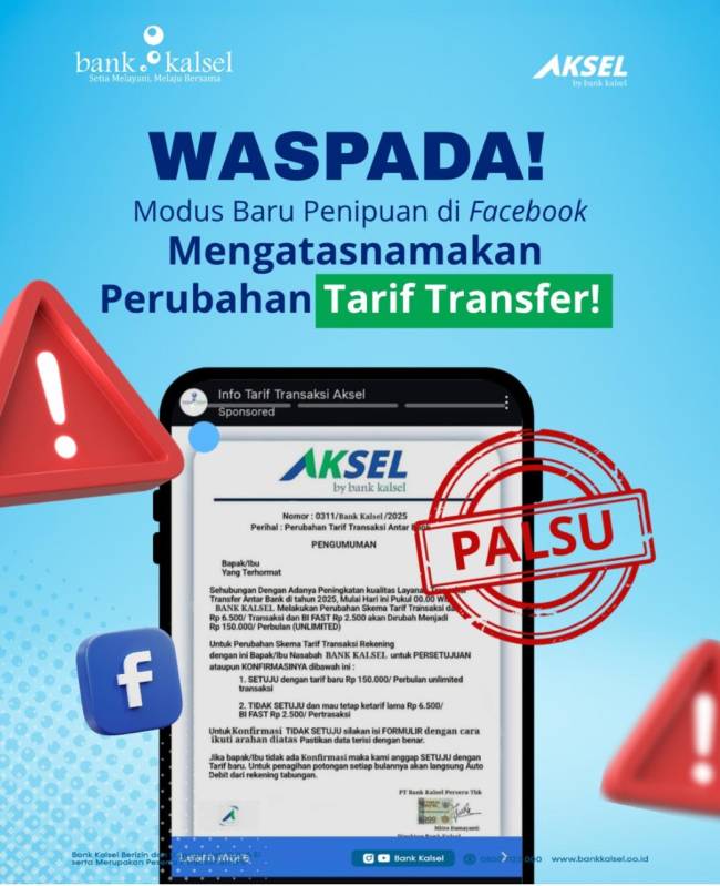 Surat edaran palsu oleh oknum penipu mengatasnamakan Bank Kalsel berdalih perubahan tarif transfer antarbank tahun 2025 yang beredar di Facebook. (Foto/Humas Bank Kalsel)