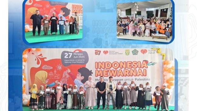BERI SANTUNAN-Bank Kalsel berikan santunan dana anak yatim dan Dhuafa dalam rangka kegiatan Indonesia mewarna, melukis untuk harapan Palestina, berkolaborasi dengan rumah Zakat Kalsel.(Foto- Bank Kalsel)