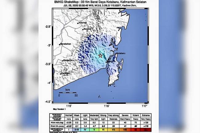 Peta menunjukkan gempa tektonik dangkal berkekuatan magnitudo 3,6 pada kedalaman dua kilometer di darat pada jarak 33 kilometer arah barat daya Kabupaten Kotabaru, Kalimantan Selatan, Jumat (25/7/2025). (ANTARA/HO-BMKG)