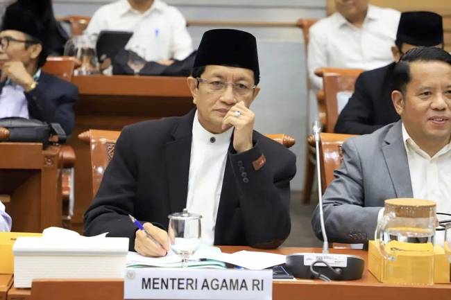 Menteri Agama Nasaruddin Umar saat rapat kerja bersama Komisi VIII DPR RI di Jakarta, Senin (8/7/2025). (ANTARA/HO-Kemenag)