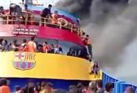 Kapal Barcelona saat terbakar di perairan Talise, Likupang, Minut, Minggu (20/7/2025). (ANTARA/HO-Pelindo)