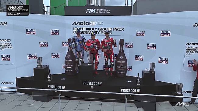 Podium juara MotoGP Jerman 2025, Marc Marquez menangi podium pertama disusul adiknya Alex Marquez dan Francesco Bagnaia. (SPOTV.Live)