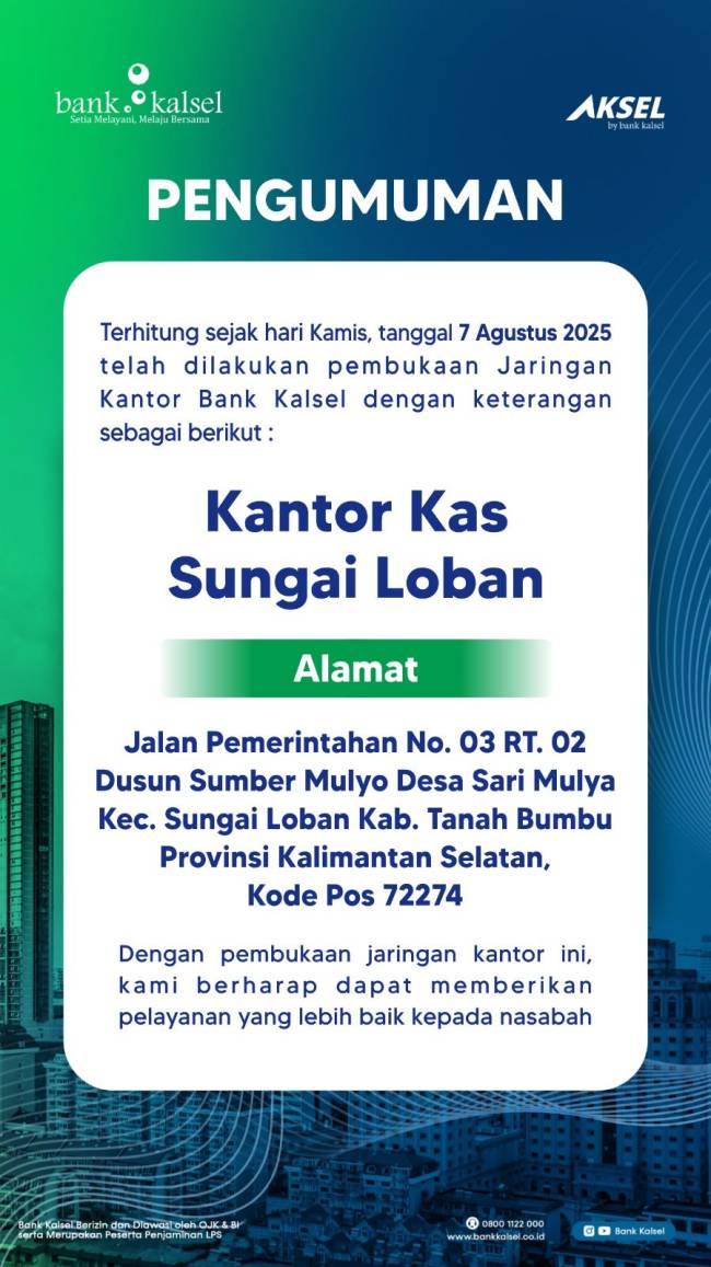 TINGKATKAN Pelayanan ke Daerah, Bank Kalsel Resmikan Kantor Kas Sungai Loban Tanah Bumbu