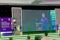 Ketua Umum Kamar Dagang dan Industri (Kadin) Indonesia Anindya Bakrie dalam pembukaan Rapat Koordinasi Nasional (Rakornas) Kadin Bidang Koperasi dan UMKM di Jakarta, Selasa (19/8/2025). (ANTARA/Shofi Ayudiana)