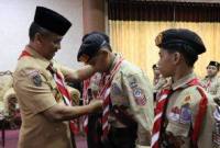 Pelepasan Kontingen Pramuka Kalsel yang akan mengikuti jambore nasional. Foto : MC Kalsel