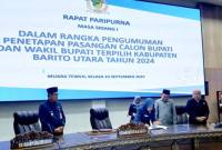 DPRD Barito Utara menggelar rapat paripurna I masa sidang dalam rangka pengumuman penetapan pasangan calon bupati dan wakil bupati terpilih di ruang sidang DPRD, Muara Teweh, Selasa (23/9/2025). (SI/ANTARA/Dokpri)
