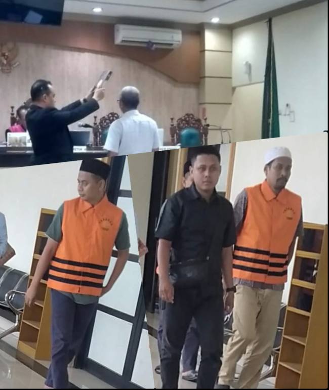 Mengenakan  rompi oranye, Faisal Mukti, eks Kepala Unit PT. Bank Rakyat Indonesia (Persero) Tbk Unit Senakin Cabang Batulicin, Bank BRI Kotabaru dan Ahmad Maulana selaku Teller, digiring dari sel. Sementara Saksi Ahli diambil sumpahnya sebelum memberikan keterangan , Kamis (16/10/2025) (SuarIndonesia/ZI)