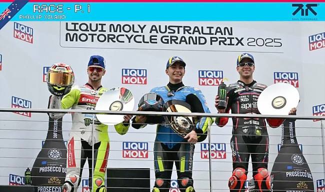 Podium juara MotoGP Australia, Raul Fernandez (Trackhouse) juaranya diikuti Fabio Di Giannantonio, dan Marco Bezzecchi. (Foto: @X MotoGP)