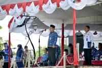 Teks foto : Inspektur Upacara, Kepala BNNK Balangan, M. Faisal Sidiq saat memimpin upacara peringatan Hari Kesaktian Pancasila. foto: MC Balangan