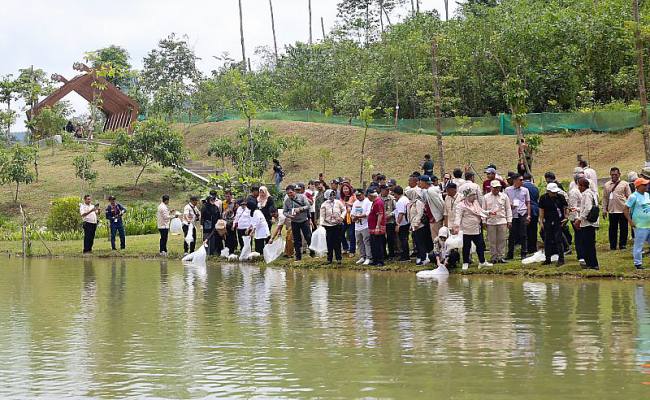 Sejumlah orang menebarkan benih ikan di salah satu badan air di KIPP IKN di Kecamatan Sepaku, Kabupaten Penajam Paser Utara, Provinsi Kalimantan Timur. (Foto: Antara/Nyaman Bagus P)