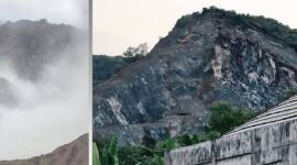 Suasana saat gunung longsor yang menjadi lokasi tambang galian C di Gunung Batu Awang Bangkal, Desa Awang Bangkal, Kecamatan Karang Intan, Kabupaten Banjar, Kalimantan Selatan, Selasa (4/11/2025). Foto Kanan: Suasana pasca kejadian gunung, Rabu (5/11/2025). (ANTARA/Dokpri/Yose Rizal)