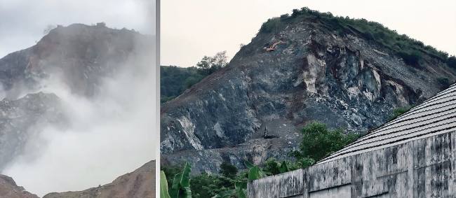 Suasana saat gunung longsor yang menjadi lokasi tambang galian C di Gunung Batu Awang Bangkal, Desa Awang Bangkal, Kecamatan Karang Intan, Kabupaten Banjar, Kalimantan Selatan, Selasa (4/11/2025). Foto Kanan: Suasana pasca kejadian gunung, Rabu (5/11/2025). (ANTARA/Dokpri/Yose Rizal)