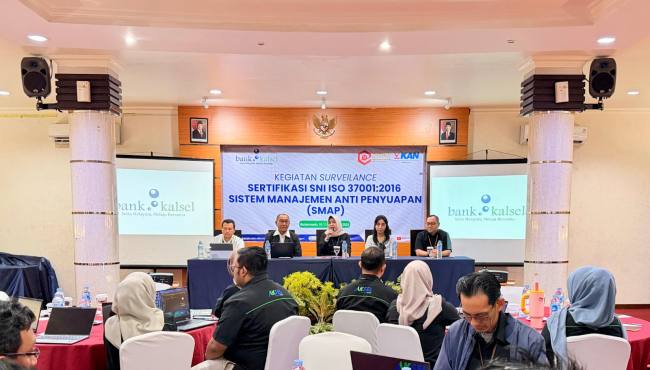 EVALUASI- Bank Kalsel lakukan kegiatan Surveillance Sertifikasi SNI ISO 37001:2016 Sistem Manajemen Anti Penyuapan (SMAP). (Foto:HumasBank Kalsel)