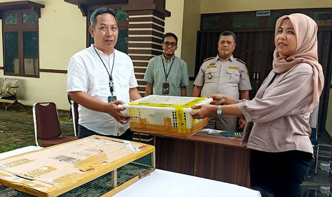 Petugas Balai Karantina Hewan Kalimantan Barat menyerahkan burung hasil penggagalan pengiriman ke luar Kalimantan kepada BKSDA Kalbar (ANTARA/Rendra Oxtora)
