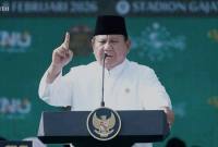 Presiden Prabowo Subianto memberikan sambutan pada acara Mujahadah Kubro memperingati Hari Lahir Satu Abad Nahdlatul Ulama (NU) di Stadion Gajayana, Malang, Jawa Timur, Minggu (8/2/2026). (Foto: Youtube @Sekretariat Presiden)
