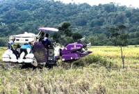 Sejumlah petani panen padi dengan menggunakan alat mesin pertanian combine harvester di Desa Panggung Baru, Kecamatan Pelaihari, Kabupaten Tanah Laut, Kalimantan Selatan, Rabu (13/8/2025). (Foto: Dok Antara)