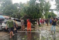 Pohon tumbang menimpa dua pengendara dan mobil parkir di bahu jalan depan Masjid Al Karomah. (Foto: Istimwa)