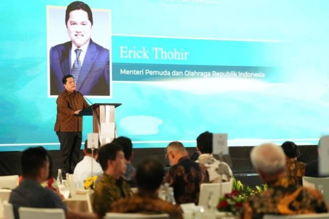 Menteri Pemuda dan Olahraga Erick Thohir memberikan sambutan dalam acara Ciputra Golfpreneur Award 2026 yang digelar Ciputra Golfpreneur Foundation (CGF) di Jakarta, Kamis (12/3/2026). (Humas Kemenpora RI)