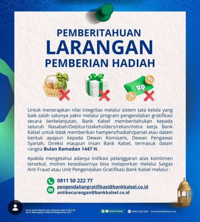 LARANG : Pimpinan dan karyawan Bank Kalsel dilarang menerima pemberian dalam bentuk apapun. (Foto: DokHumasBankKalsel)