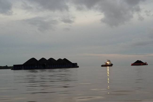 Ponton berisi gunungan batu bara di Muara Segah, delta Sungai Mahakam. Provinsi Kalimantan Timur, dan sepanjang awal 2026 para pengusaha batu bara sudah mendapatkan keuntungan berlipat (Antara/Novi Abdi)