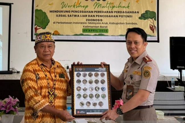 Kepala Balai Karantina Hewan, Ikan, dan Tumbuhan Kalimantan Barat, Ferdi mensosialisasikan satwa liar yang di lindungi kepada tokoh masyarakat di Perbatasan Sambas (Foto: Balai Karantina Kalbar)
