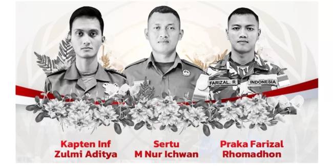 Tiga prajurit TNI yang gugur di Lebanon selatan, pada Senin (30/3/2026). (Foto: Istimewa)