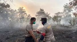 Dua anggota Polres Kubu Raya berjibakumemadamkan kebakaran lahan gambut di Kecamatan Sungai Raya (Foto: Antara/Rendra Oxtora)