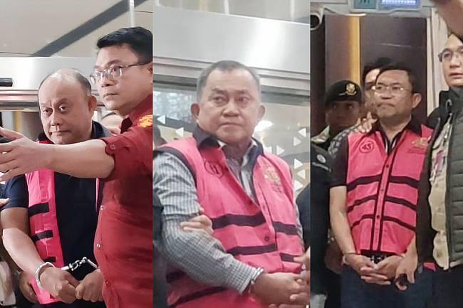 Petugas Kejaksaan Agung menggiring mantan Kepala BGN Dadan Hindayana (DH), mantan Wakil Kepala BGN Bidang Pengembangan Organisasi dan Dukungan Kelembagaan Lodewyk Pusung (LP), serta mantan Wakil Kepala BGN Bidang Operasional Pemenuhan Gizi Sony Sonjaya (SS), menuju mobil tahanan usai ditetapkan sebagai tersangka kasus dugaan korupsi tata kelola program Makan Bergizi Gratis (MBG) pada BGN tahun 2025–2026 di Gedung Jampidsus Kejagung, Jakarta, Rabu (3/6/2026). (Foto: Antara/Nadia P Rahmani)