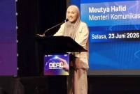 Menteri Komunikasi dan Digital (Menkomdigi) Meutya Hafid saat menyampaikan sambutan dalam acara peresmian DEAL 2026 di Jakarta Selatan, Selasa (23/6/2026). (Foto: An tara/Farhan Arda N)