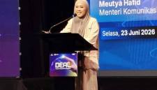 Menteri Komunikasi dan Digital (Menkomdigi) Meutya Hafid saat menyampaikan sambutan dalam acara peresmian DEAL 2026 di Jakarta Selatan, Selasa (23/6/2026). (Foto: An tara/Farhan Arda N)