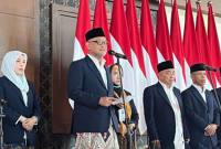 Menteri Haji dan Umrah Mochamad Irfan Yusuf memimpin konferensi pers kepulangan Amirul Hajj di Bandara Soekarno Hatta, Banten, Senin (8/6/2026). (Foto: Antara/Asep Firmansyah)