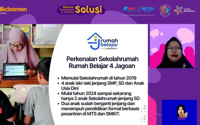Praktisi sekolah rumah dari Rumah Belajar 4 Jagoan Mila Fitrina memaparkan praktik baik penerapan gerakan 7 KAIH dalam webinar bertajuk Solusi Seri Praktik Baik Penerapan 7 KAIH di Satuan Pendidikan Nonformal (SPNF) di Jakarta pada Kamis (18/6/2026). (Foto: Tangkapan Layar)