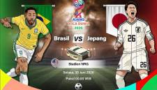 Grafik ilustrasi pertandingan babak 32 besar Piala Dunia 2026 antara Brasil melawan Jepang yang dijadwalkan berlangsung di Stadion NRG, Houston, Texas, Amerika Serikat, Senin (29/6/2026) waktu setempat. (Foto: Infografik Antara/Vintan Rahmadanti)
