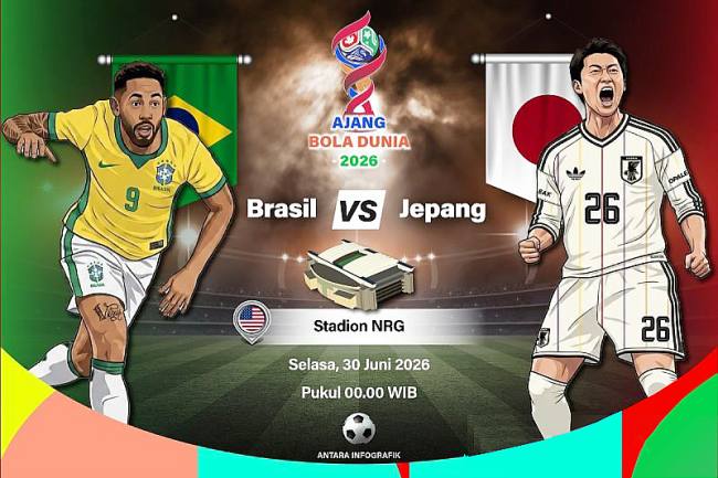 Grafik ilustrasi pertandingan babak 32 besar Piala Dunia 2026 antara Brasil melawan Jepang yang dijadwalkan berlangsung di Stadion NRG, Houston, Texas, Amerika Serikat, Senin (29/6/2026) waktu setempat. (Foto: Infografik Antara/Vintan Rahmadanti)

