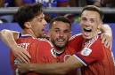 Sejumlah pemain timnas Skotlandia berselebrasi setelah tercipta gol ke gawang Haiti saat laga awal Grup C Piala Dunia 2026 di Boston Stadium, AS, Minggu. Skotlandia menang tipis 1-0. (Foto: X/FifaWorldCup)
