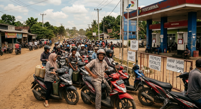 Foto Ilustrasi kelangkaan BBM. (Foto: SI/UT/@Gemini.Ai)