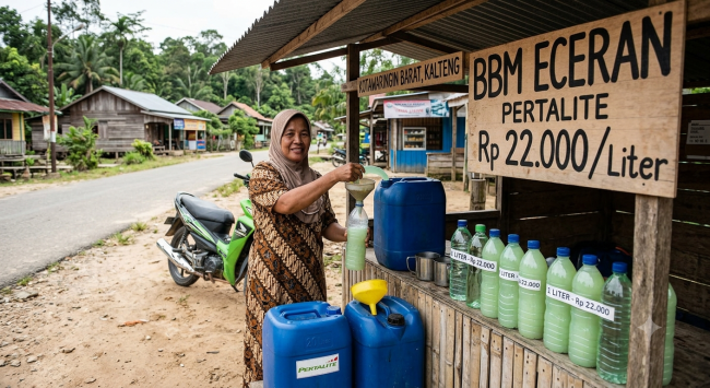 Foto Ilustrasi penjual bensin eceran. (Foto: SI/UT/@Gemini.Ai)