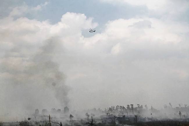 Helikopter water bombing berupaya memadamkan kebakaran lahan di Petuk Katimpun, Palangka Raya, Kalimantan Tengah, Selasa (11/8/2026). (Foto: Antara/Auliya Rahman)