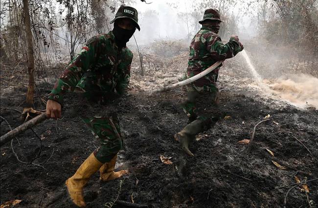 Personel Yonif TP 882/Hulubalang melakukan pembasahan untuk mencegah api kembali menyala di lokasi kebakaran lahan gambut di Desa Arang Limbung, Kecamatan Sungai Raya, Kabupaten Kubu Raya, Kalimantan Barat, Minggu (23/8/2026). (Foto: Antara/Jessica Wuysang)
