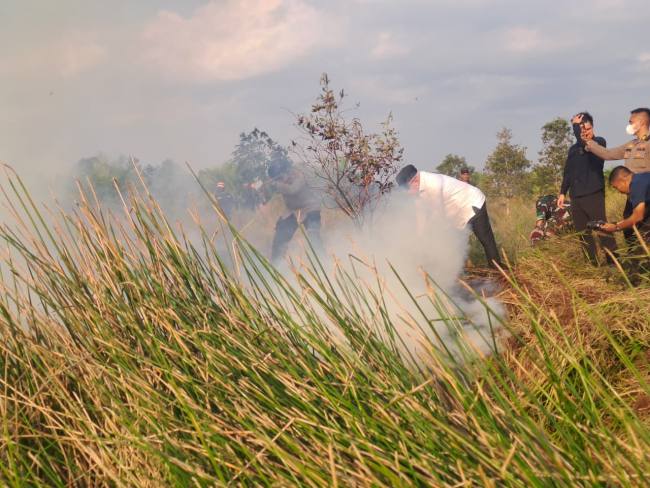 Gubernur Kalsel, H Muhidin turun langsung ikut memadamkan api kebakaran hutan dan lahan (karhutla) di Lianganggang Banjarbaru, Selasa (11/8/2026). (SuarIndonesia/RW)