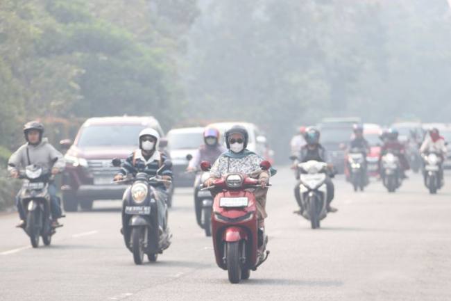 Beberapa pengendara motor mengenakan masker ketika melintasi jalan yang diliputi asap akibat kebakaran hutan dan lahan di Pontianak, Kalimantan Barat, Kamis (5/3/2026). (Foto: Dok Antara/Jessica Wuysang)