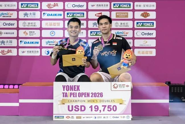 
Leo Rolly Carnando/Daniel Marthin berhasil menjadi juara Taipei Open 2026. (Foto: ig: @badminton.ina)