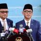 Menteri Haji dan Umrah Mochamad Irfan Yusuf (kiri) bersama Wakil Menteri Haji dan Umrah Dahnil Anzar Simanjuntak memberikan keterangan pers seusai menghadap Presiden Prabowo Subianto di Istana Kepresidenan RI, Jakarta, Senin (28/9/2026). (Foto: Antara/Irfansyah Nasution)
