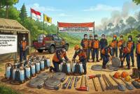 
Ilustrasi visual yang menggambarkan kesiapan bantuan peralatan pencegahan dan penanggulangan kebakaran hutan serta lahan (karhutla) untuk 13 kabupaten di Kalimantan Tengah. (SI/UT/@Gemini.Ai)