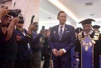 Dalam kunjunganya, AHY berorasi politik dihadapan mahasiswa mengenai pengembangan teknologi dan inovasi untuk mengelolah sumber daya alam yang berada di Kalimantan. (Foto: Antara/Angga Palguna)